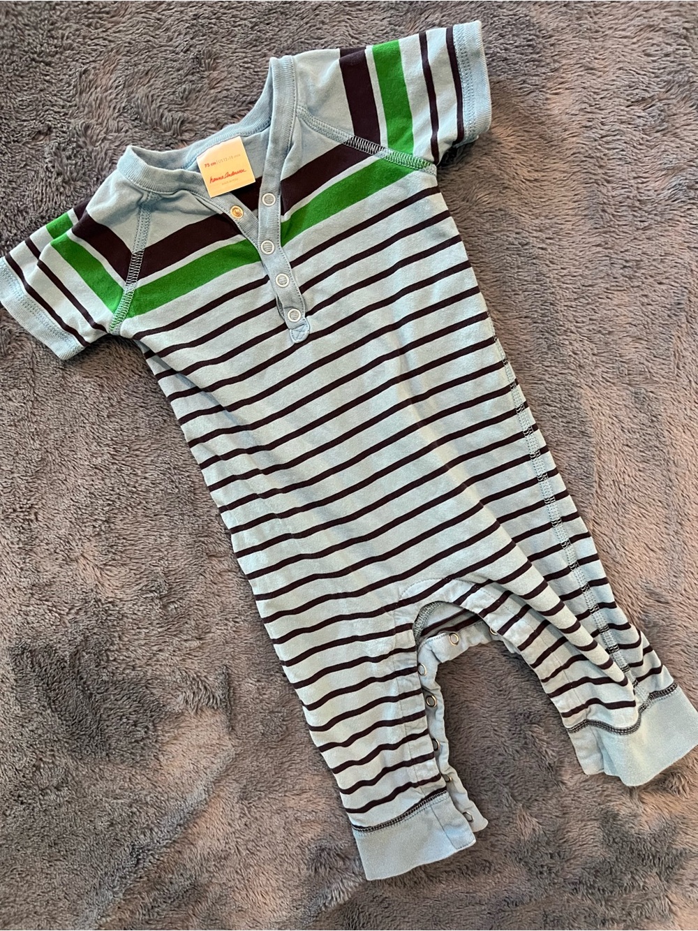 Hannah Anderson Striped Green & Gray Baby One-Piece Romper